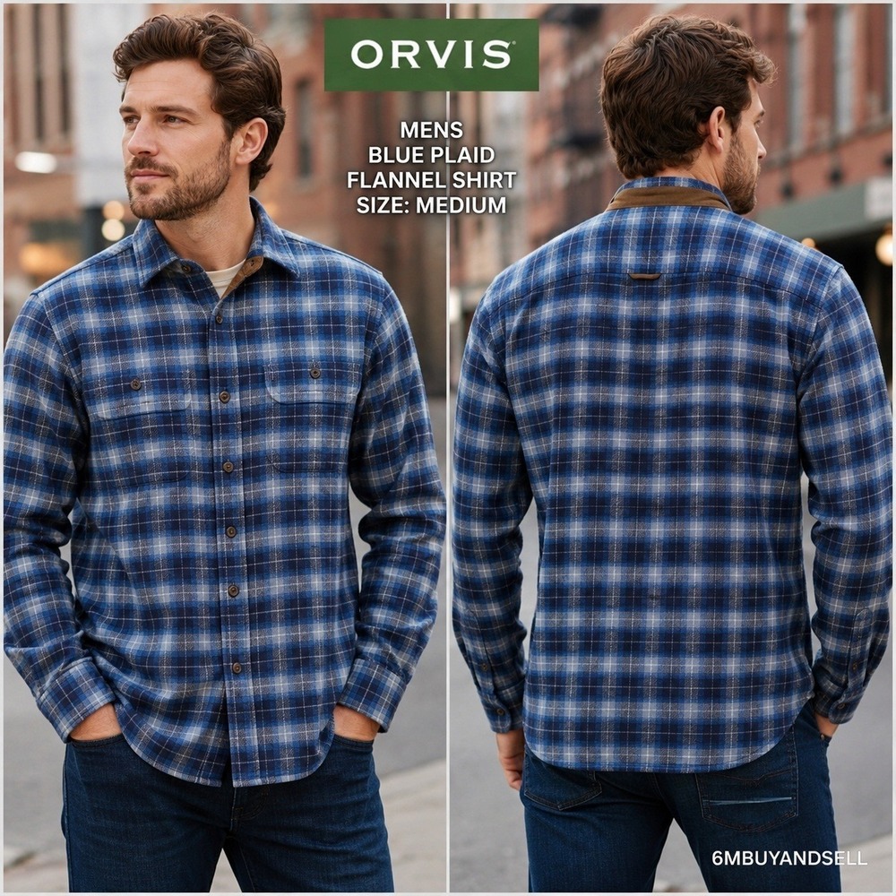 Orvis Perfect Flannel Shirt Mens Medium Blue Plaid‎ Long Sleeve Classic Fit 1L21